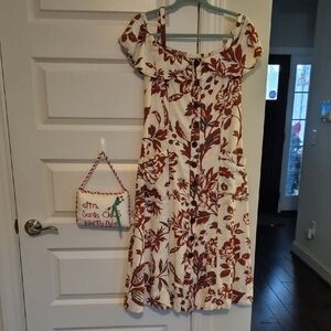 Anthropologie Burgundy and Cream Floral Midi Dress